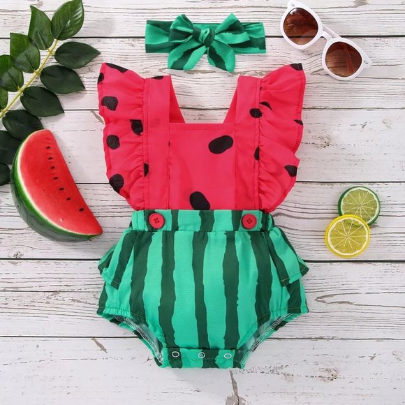Other - Baby Girls Watermelon Ruffle Romper Sunsuit Jumpsuit Headband Outfit Set